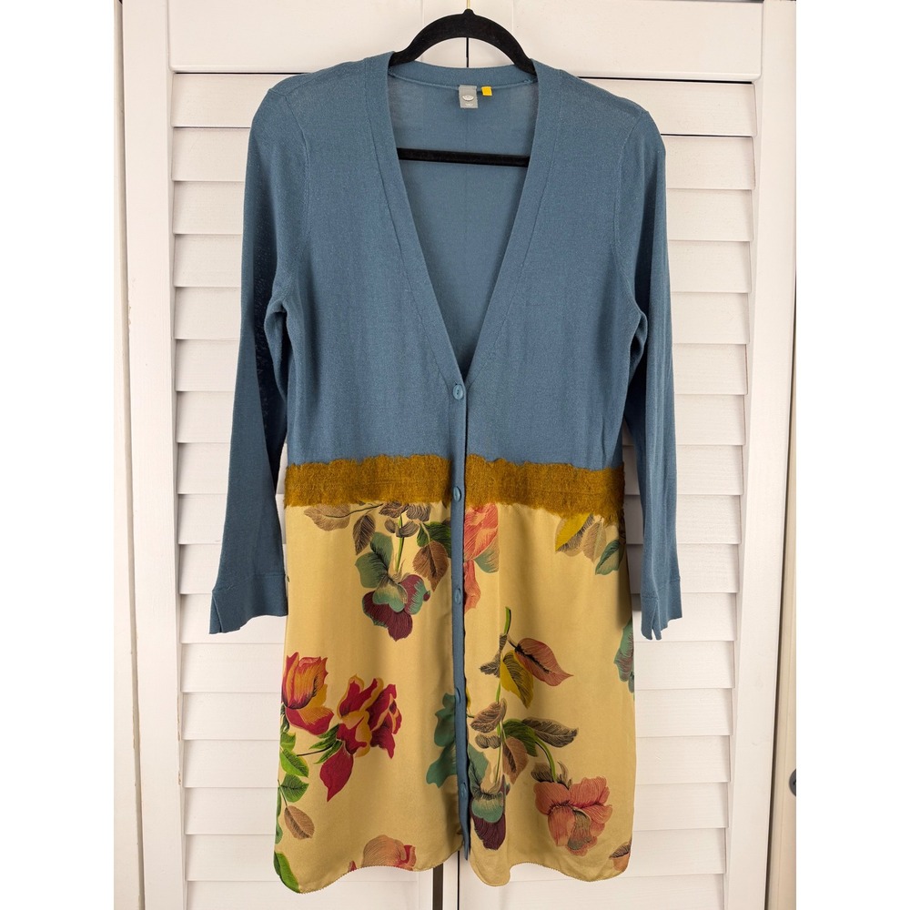 Knitted & Knotted Cardigan Women L Blue Floral Mixed Media Sweater Anthropologie